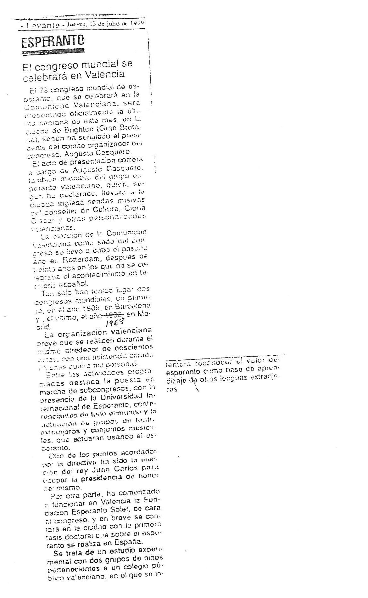 Retall del diari Levante del dijous 13 de juliol de 1989, amb la notícia «El congrés mundial se celebrarà a València»