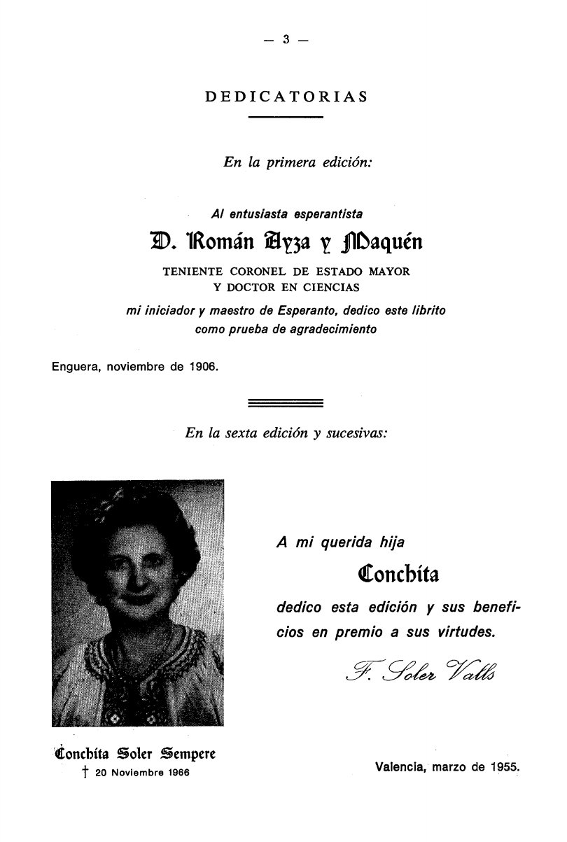 Paĝo de dediĉoj, kun la foto de Conchita Soler Sempere