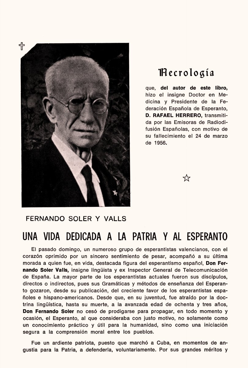 Unua paĝo de la nekrologo de Fernando Soler Valls, kun lia portreto