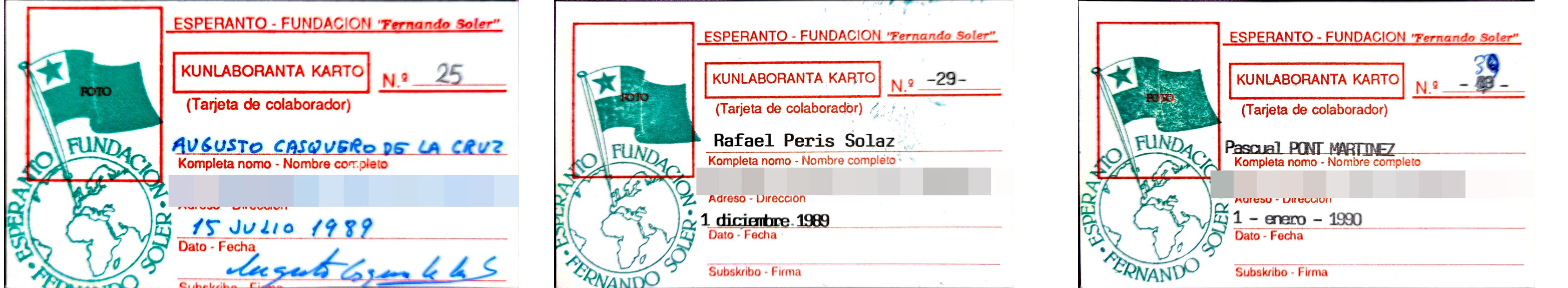Antaŭa flanko de la tri konservitaj ordinaraj kartoj: tiuj de Augusto Casquero de la Cruz, Rafael Peris Solaz kaj Pascual Pont Martínez.