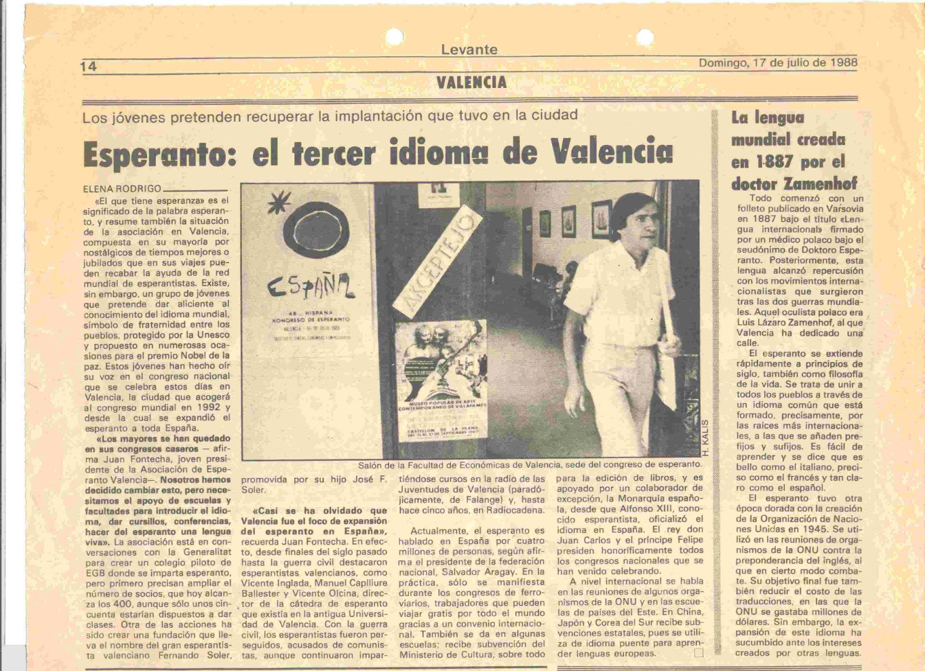 Eltondaĵo el la ĵurnalo Levante, la 17-an de julio 1988, pri esperanto en Valencio