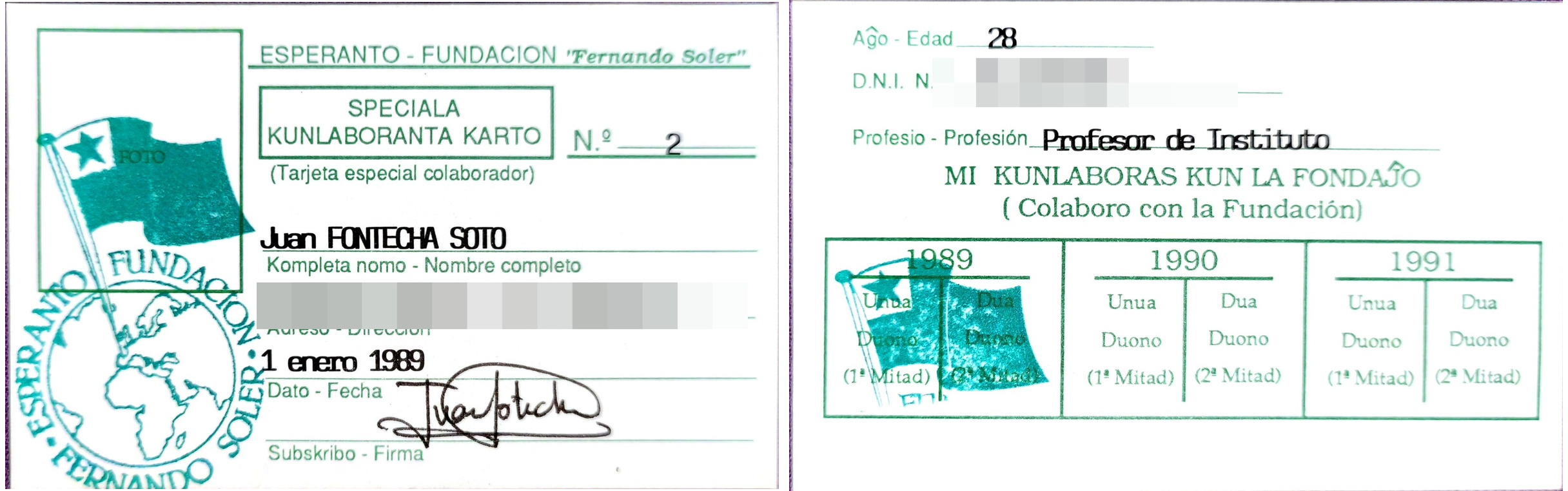 Anverso y dorso de la tarjeta nº 2, la de Juan Bautista Fontecha Soto, con su firma, su edad —veintiocho años— y su profesión.