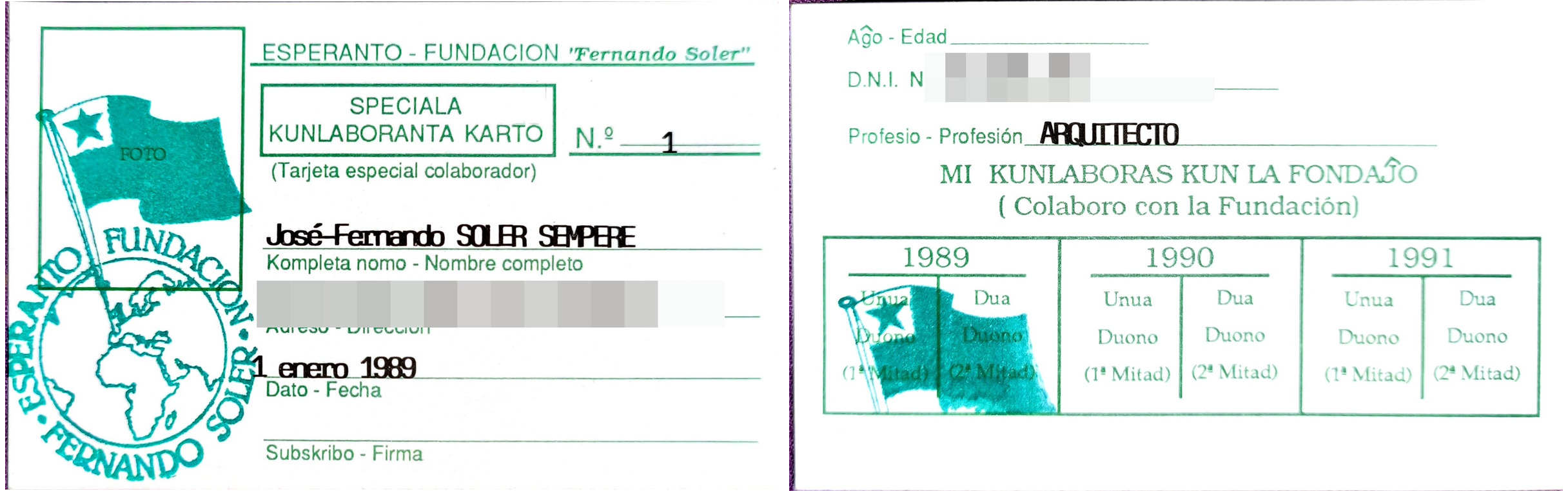 Anverso y dorso de la tarjeta de colaborador nº 1, a nombre de José Fernando Soler Sempere, fechada el 1 de enero de 1989.